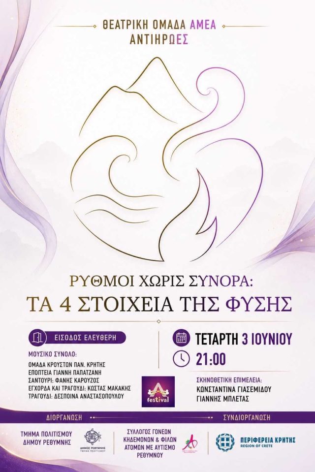 Η θεατρική ομάδα «Αντιήρωες» του Συλλόγου Γονέων και Φίλων Ατόμων με Αυτισμό Ρεθύμνου παρουσιάζει «Ρυθμοί Χωρίς Σύνορα: Τα 4 Στοιχεία της Φύσης»